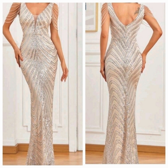 Silver, Backless, V Neck, Draped Rhinestone,  Contras Sequined Mermaid G… - Picture 3 of 16